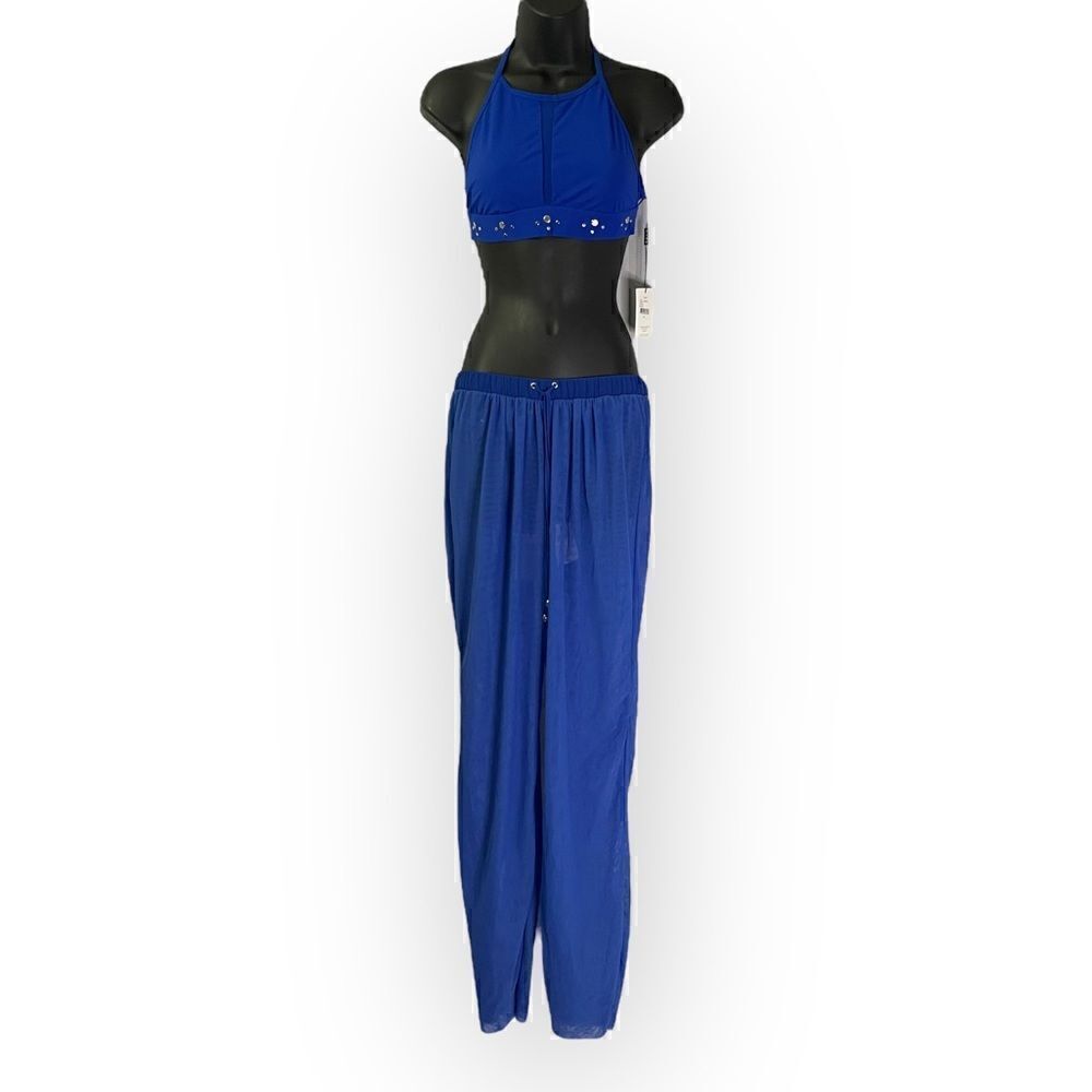 SHAN Three Piece Bikini Swimsuit Set: Top, Bottoms, Coverup Pants in Royal Blue